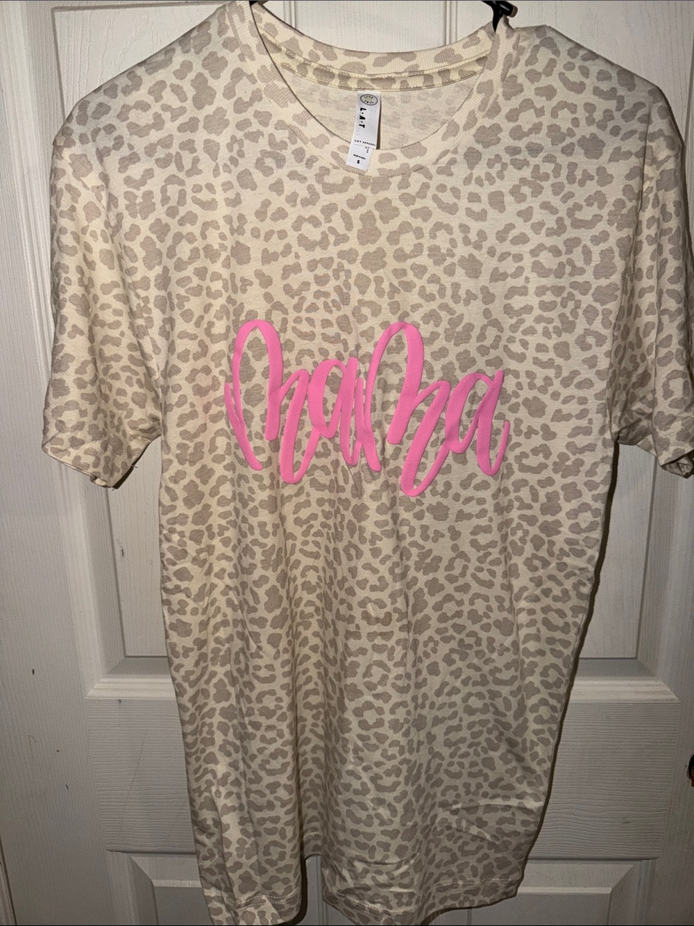 Cream Leopard Print Short Sleeve Tee with Pink Script